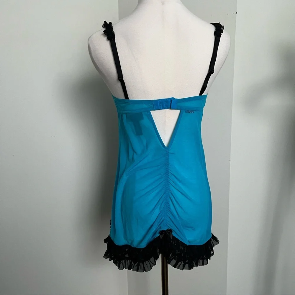 Vintage Y2K Turquoise Babydoll Chemise Lingerie Black Lace Bow Trim M - Picture 5 of 6